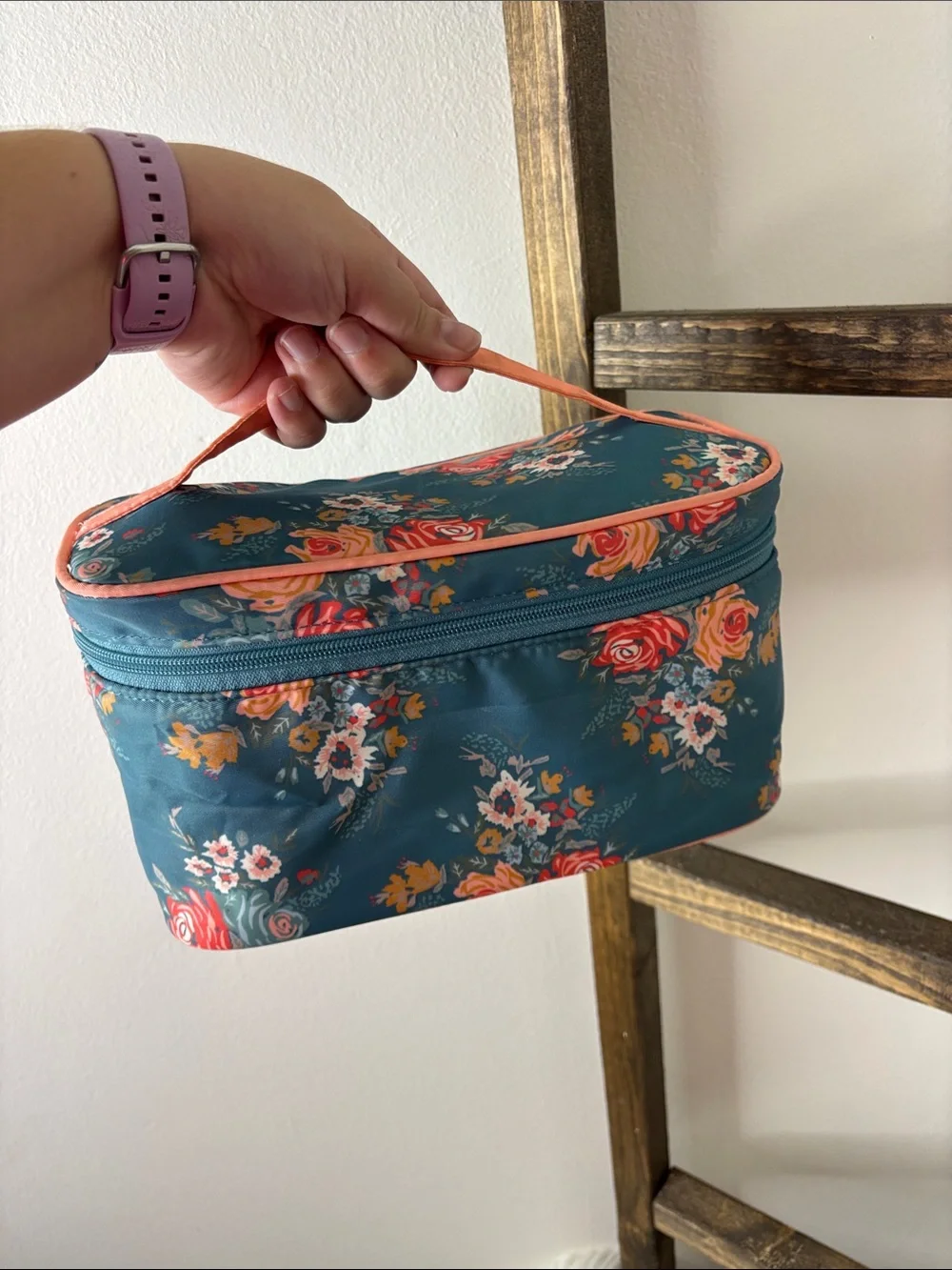 Matilda Jane Teal Floral Cosmetic Bag with Pink Trim